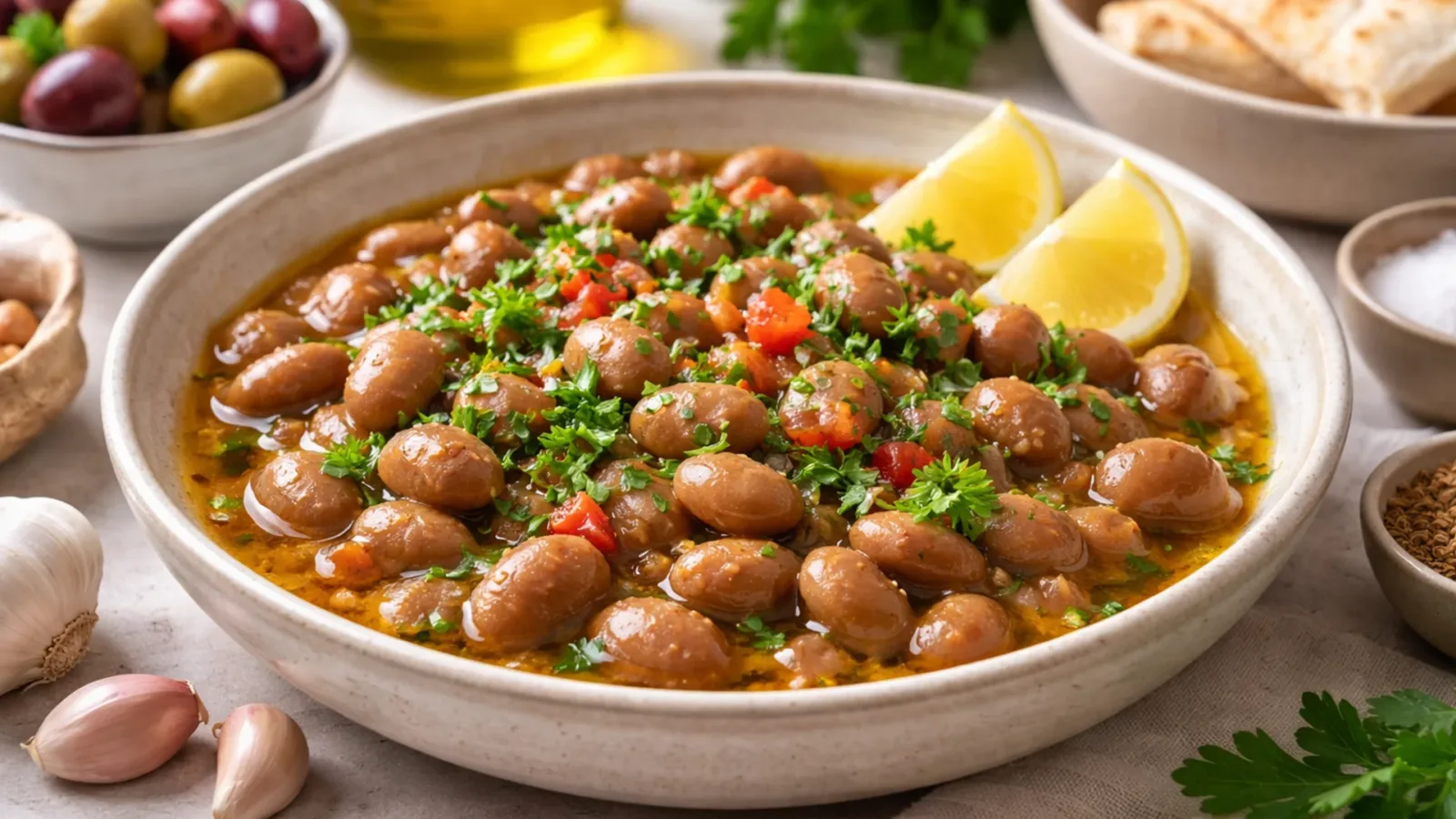 Фото блюда: Фуль медамес тушеные бобы с оливковым маслом, рецепт с фото