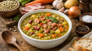 Фото рецепта: Гороховый суп эрвтенсуп с сельдереем и беконом густой домашний