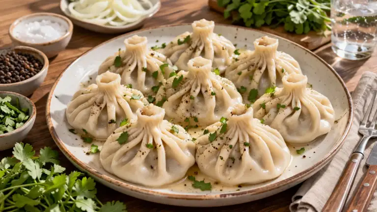 Фото блюда: Хинкали с бараниной и кинзой свежей сочные с бульоном внутри