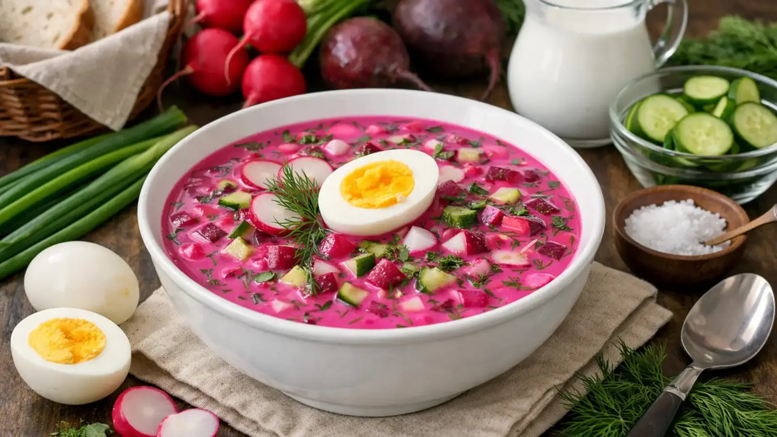 Фото блюда: Холодник свекольный с редисом освежающий холодный суп, рецепт с фото