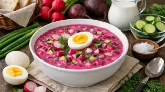 Фото рецепта: Холодник свекольный с редисом освежающий холодный суп