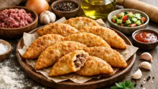 Фото рецепта: Хушуур жареные пирожки с мясом с сочной начинкой