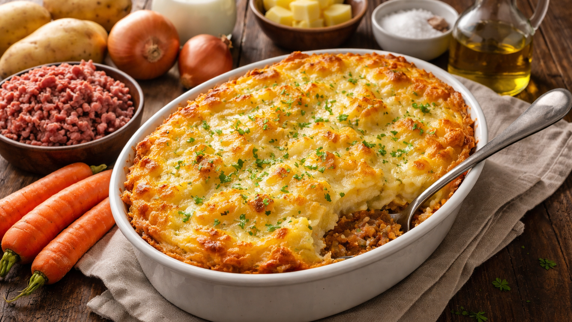 Фото блюда: Пастуший пирог с говядиной и картофельным пюре в духовке с румяной корочкой