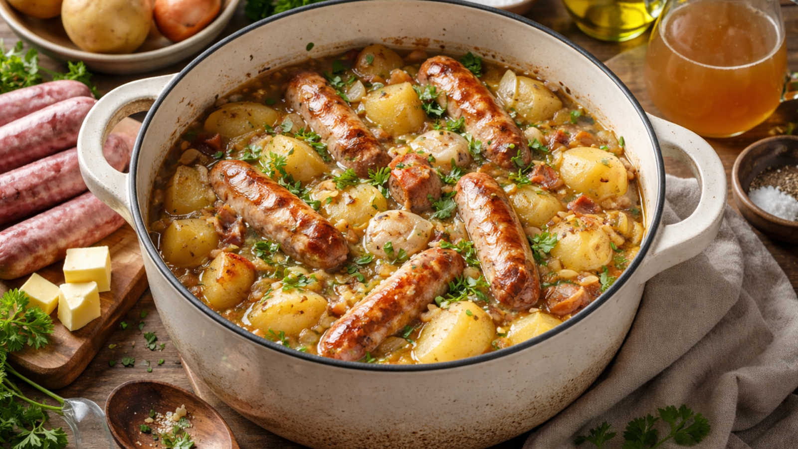 Фото блюда: Коддл тушеные сосиски с картофелем и луком в насыщенном бульоне, рецепт с фото