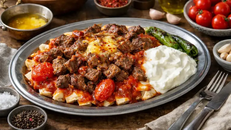 Фото блюда: Искендер кебаб с говядиной и йогуртом сочный с томатным соусом