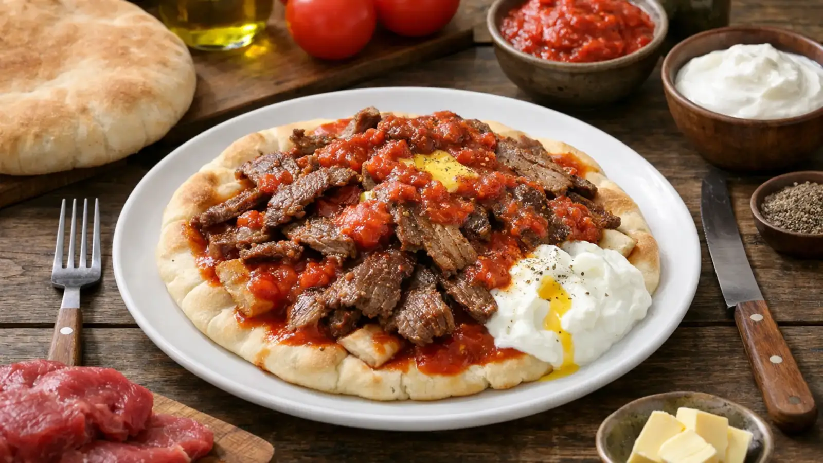 Фото блюда: Искендер-кебаб с лепешкой пита и томатным соусом по турецкому рецепту, рецепт с фото