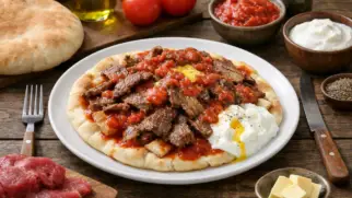 Фото рецепта: Искендер-кебаб с лепешкой пита и томатным соусом по турецкому рецепту