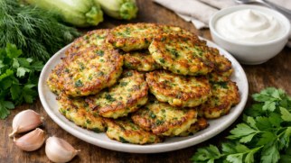 Фото рецепта: Кабачковые оладьи с зеленью и чесноком на сковороде