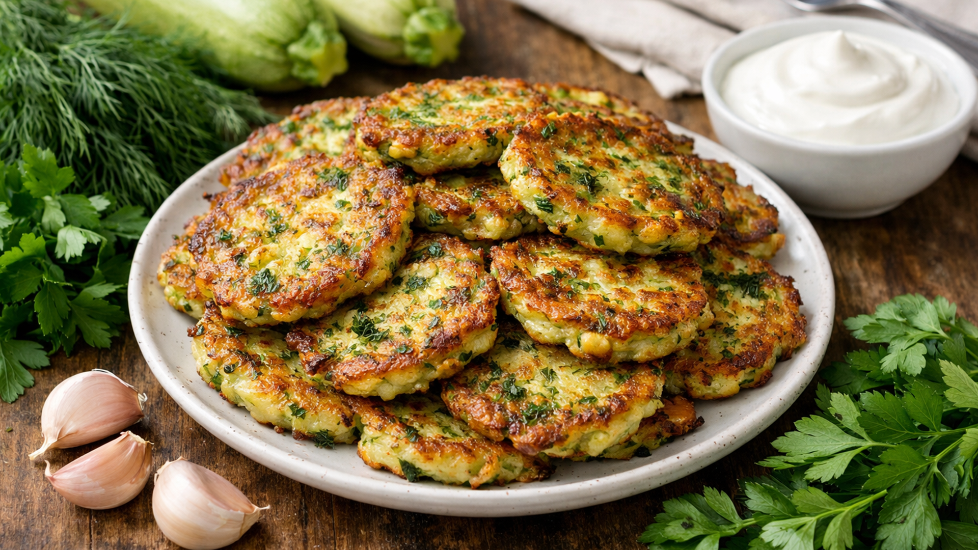 Фото блюда: Кабачковые оладьи с зеленью и чесноком на сковороде