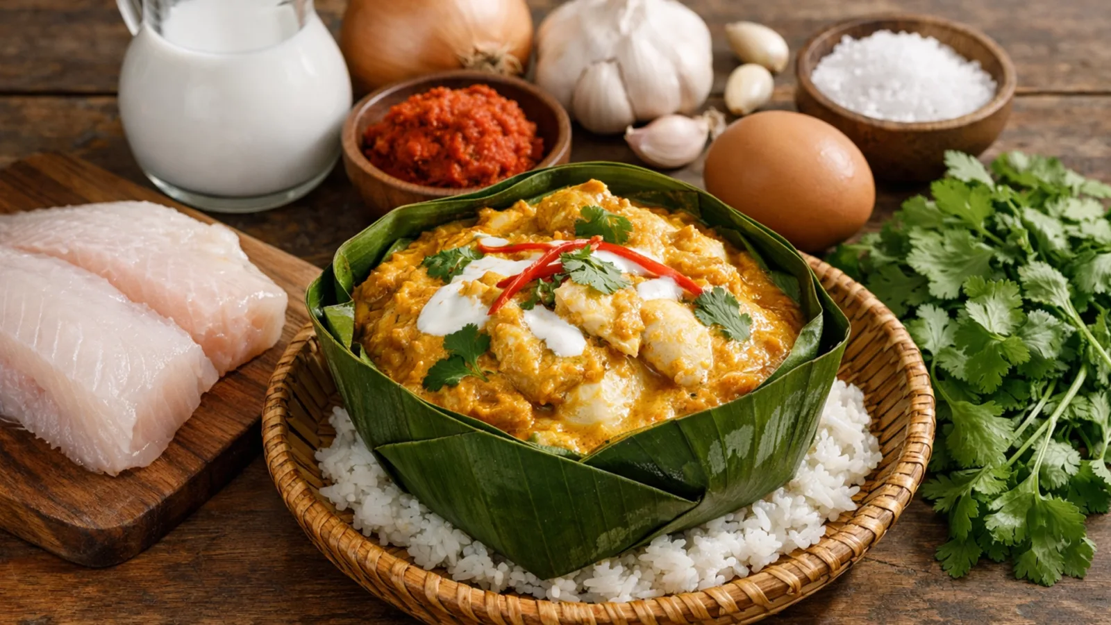 Фото блюда: Амок из рыбы в кокосовом соусе с пряной пастой карри, рецепт с фото