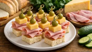 Фото рецепта: Канапе с ветчиной и сыром твердым быстрая закуска