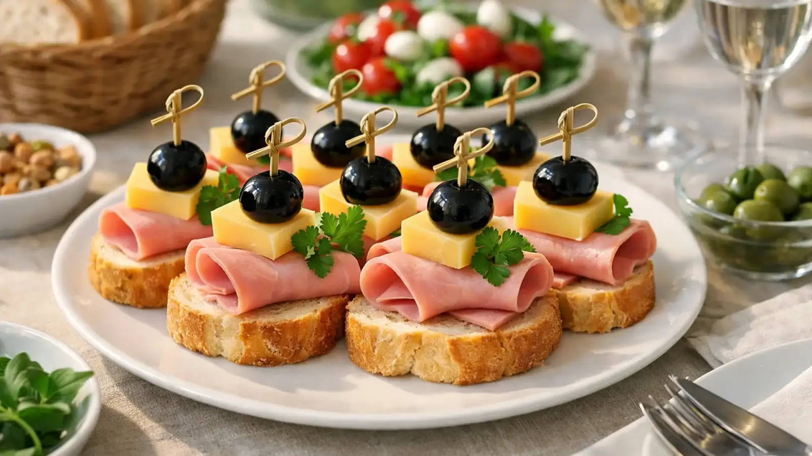 Фото блюда: Канапе с ветчиной сыром и маслинами для праздничного стола, рецепт с фото