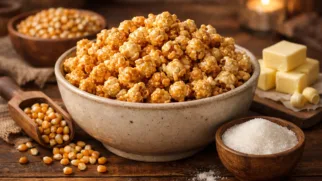 Фото рецепта: Попкорн карамельный с сахаром и сливочным маслом, хрустящий домашний