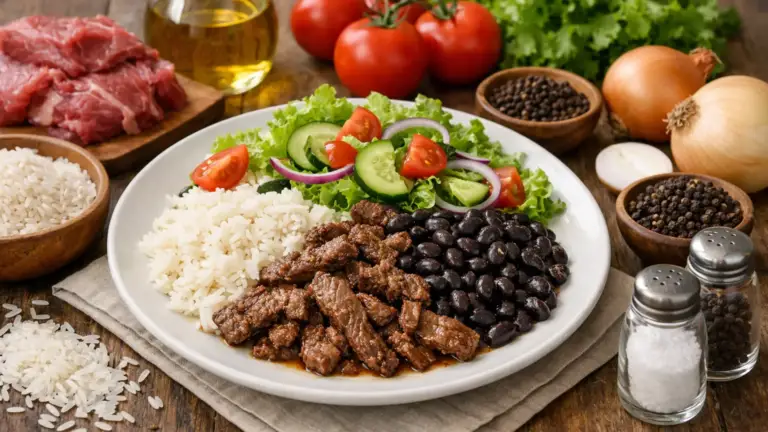 Фото блюда: Касадо рис с фасолью мясом и свежим салатом по коста рикански