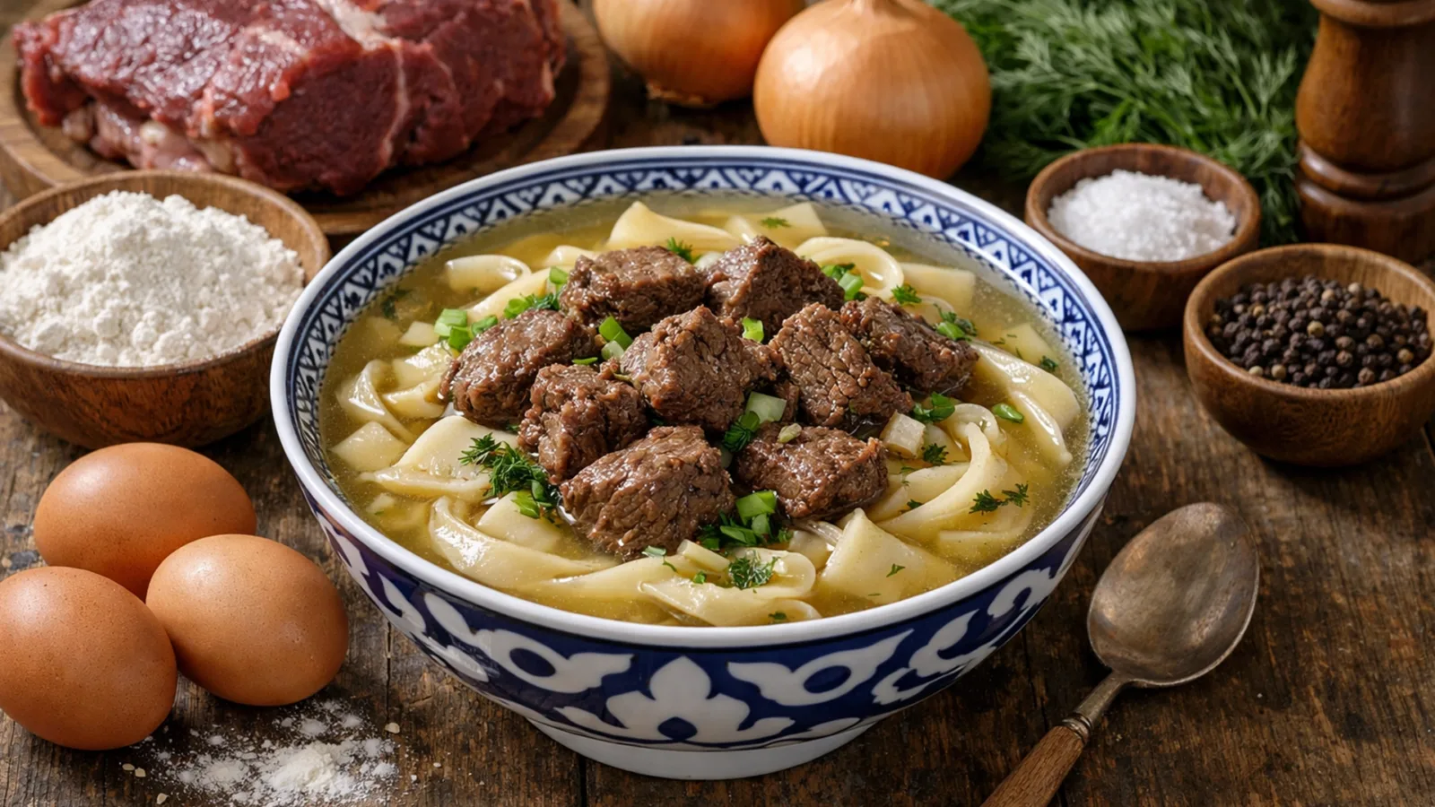 Фото блюда: Кеспе домашняя лапша с говядиной в ароматном бульоне, рецепт с фото