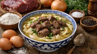 Фото рецепта: Кеспе домашняя лапша с говядиной в ароматном бульоне