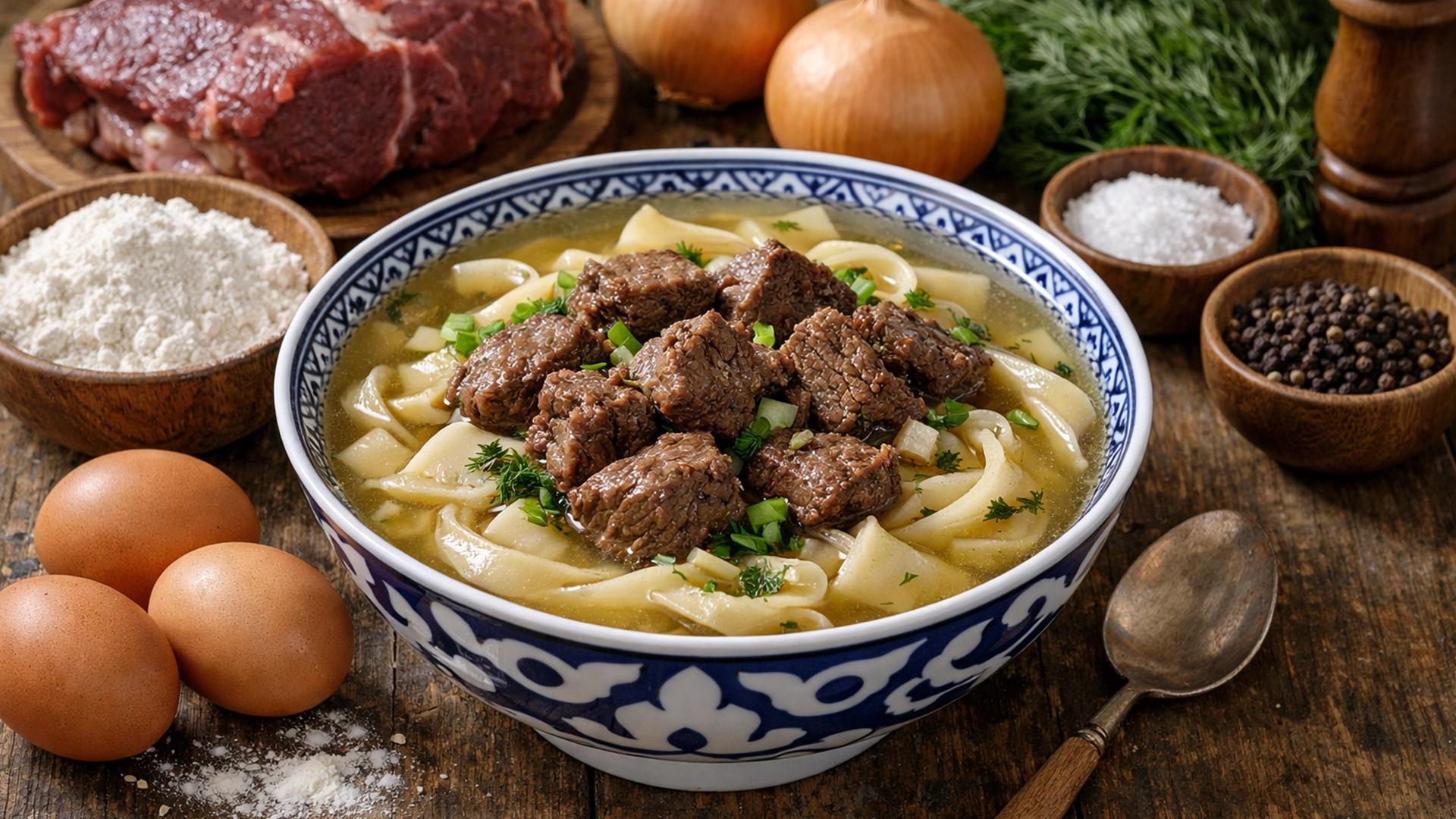 Фото блюда: Кеспе домашняя лапша с говядиной в ароматном бульоне