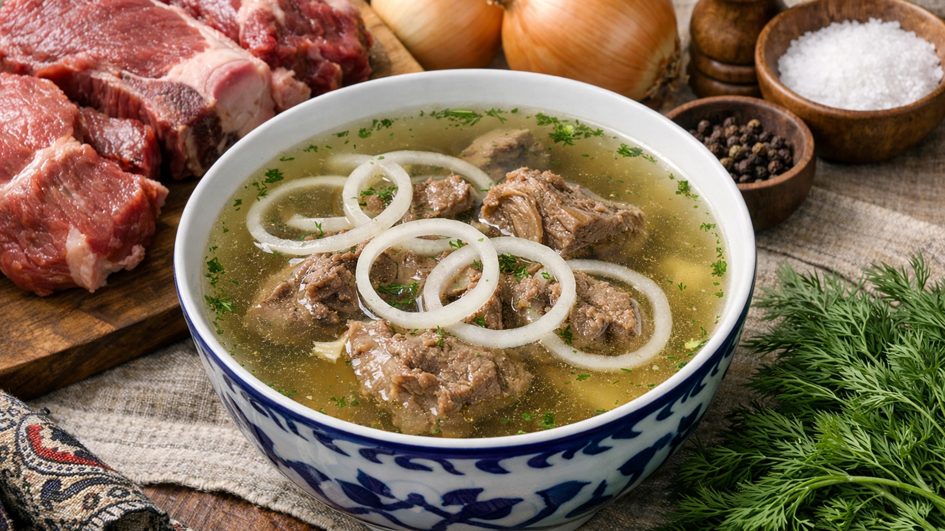 Фото блюда: Сорпа мясной бульон с говядиной и ароматным луком