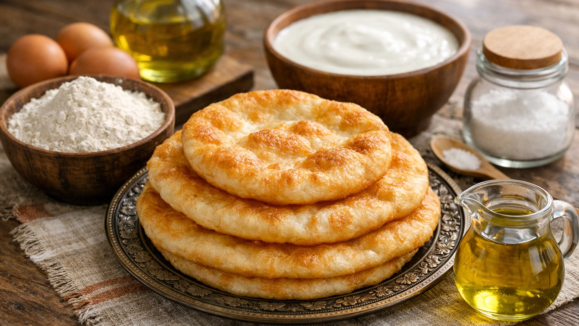 Фото блюда: Шелпек лепешки на сковороде с мягкой текстурой и румяной корочкой