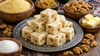 Фото рецепта: Жент сладкий десерт из проса с маслом и орехами