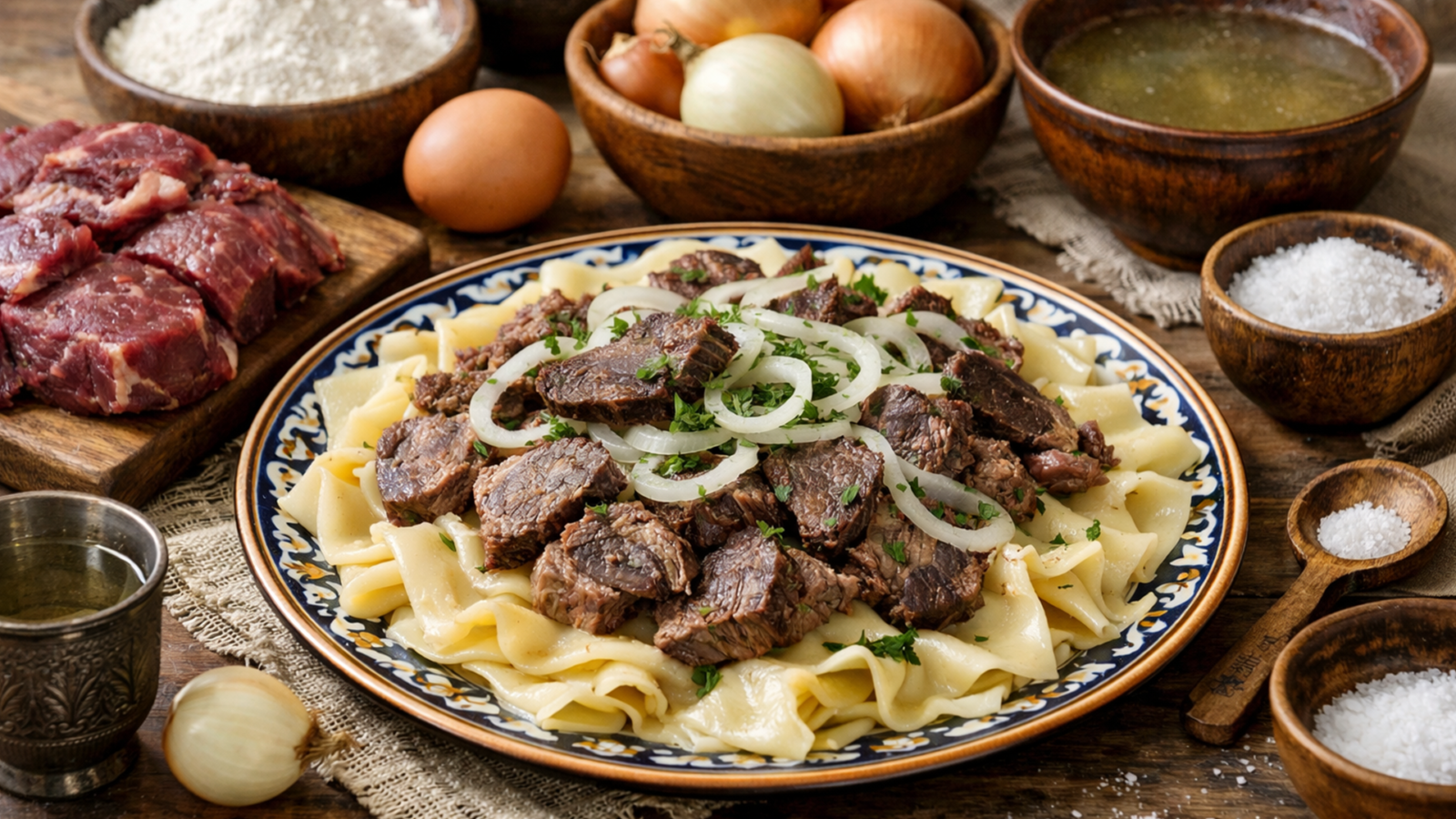 Фото блюда: Бешбармак из конины с лапшой и наваристым бульоном по казахскому рецепту, рецепт с фото