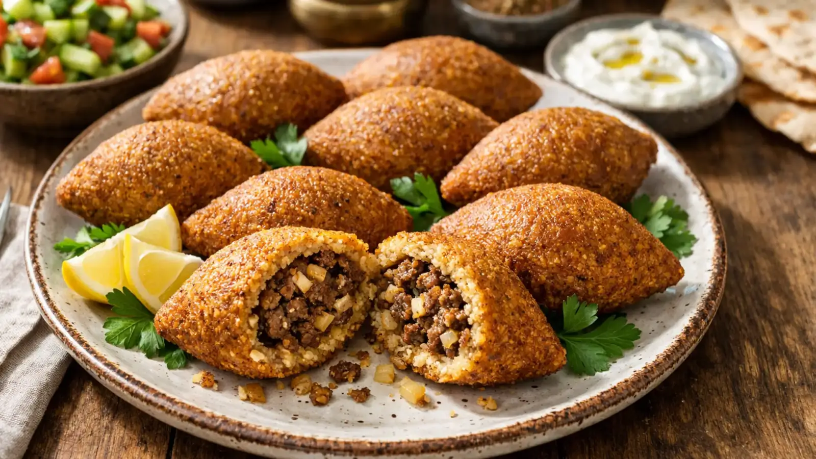 Фото блюда: Кебба жареные котлеты из булгура с мясной начинкой по кувейтскому рецепту, рецепт с фото