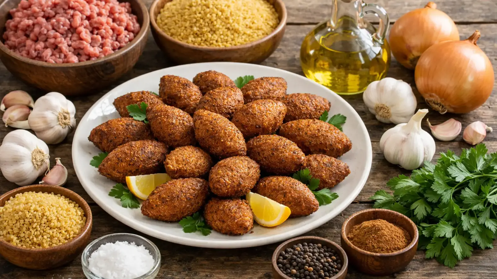 Фото блюда: Кеббе жареные шарики из фарша и булгура с хрустящей корочкой, рецепт с фото