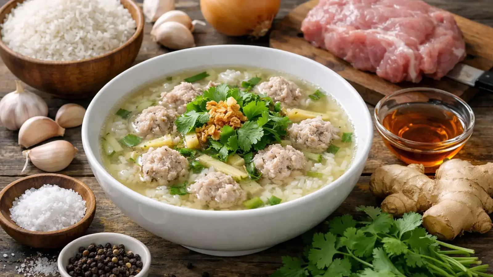 Фото блюда: Кхао том рисовый суп с мясом с легким ароматным бульоном, рецепт с фото