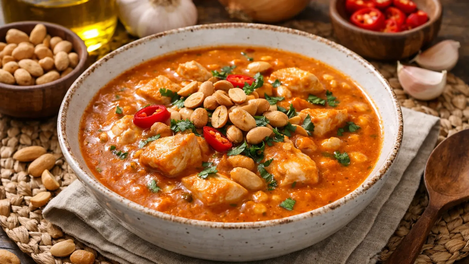 Фото блюда: Суп из арахиса с курицей и густым ореховым вкусом, рецепт с фото