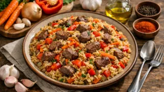 Фото рецепта: Конголезский рис с говядиной и овощами на сковороде