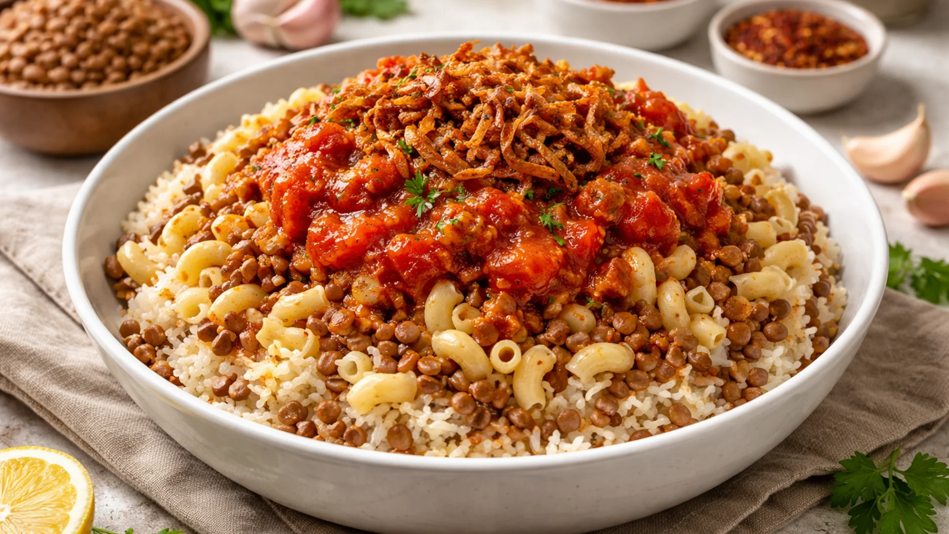 Фото блюда: Кошари рис с чечевицей и пастой