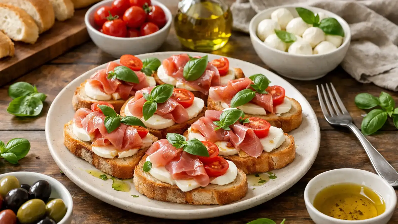 Фото блюда: Кростини с прошутто и сыром моцарелла с итальянским акцентом, рецепт с фото