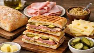 Фото рецепта: Кубинский сэндвич с ветчиной и сыром на сковороде с хрустящей корочкой