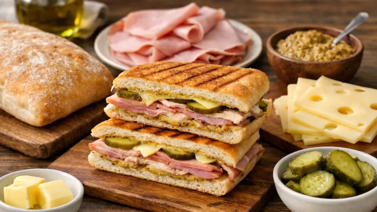 Фото блюда: Кубинский сэндвич с ветчиной и сыром на сковороде с хрустящей корочкой