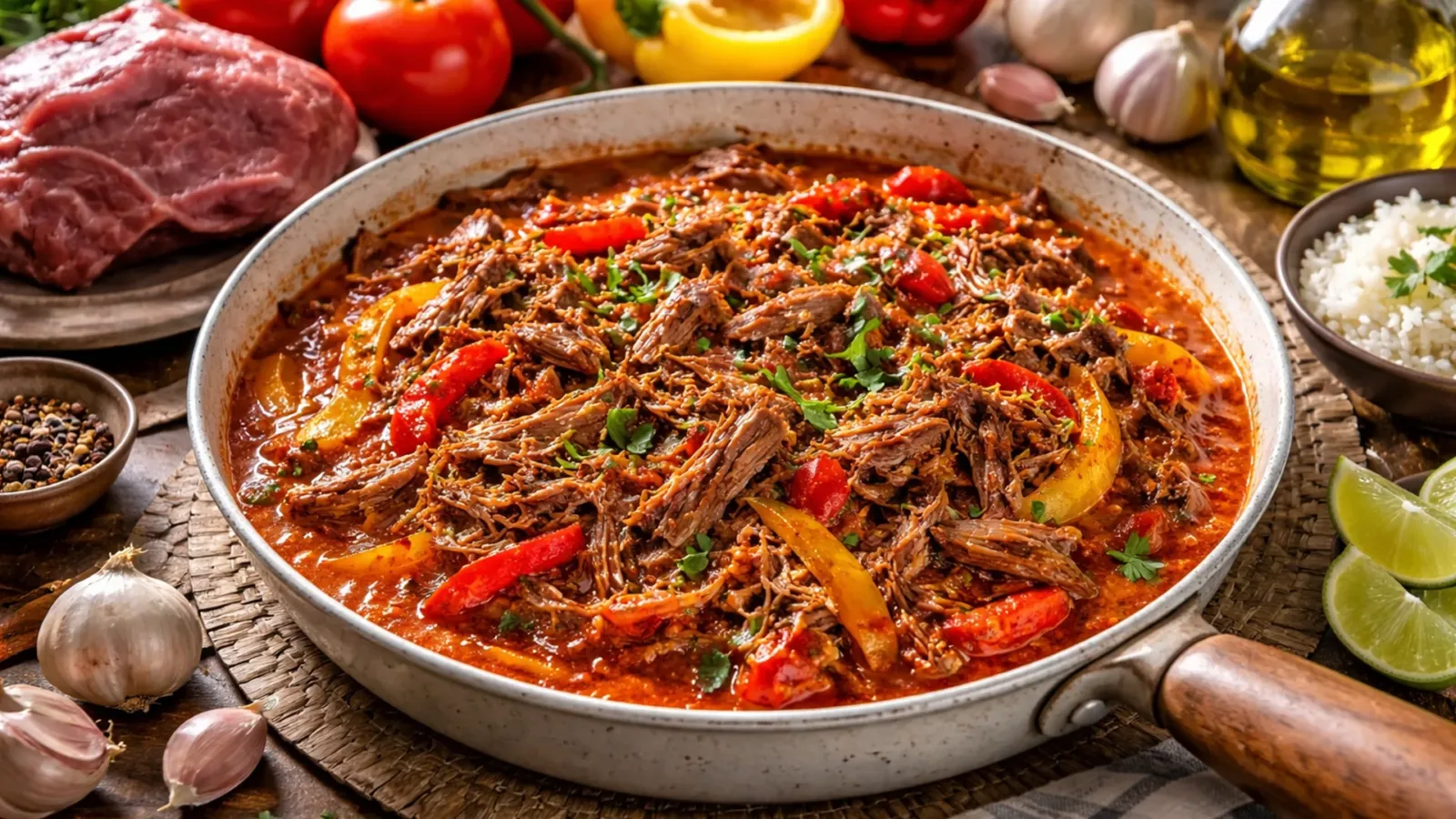 Фото блюда: Ропа вьеха тушеная говядина с томатами и сладким перцем, рецепт с фото