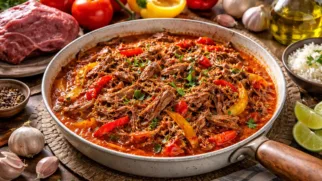 Фото рецепта: Ропа вьеха тушеная говядина с томатами и сладким перцем