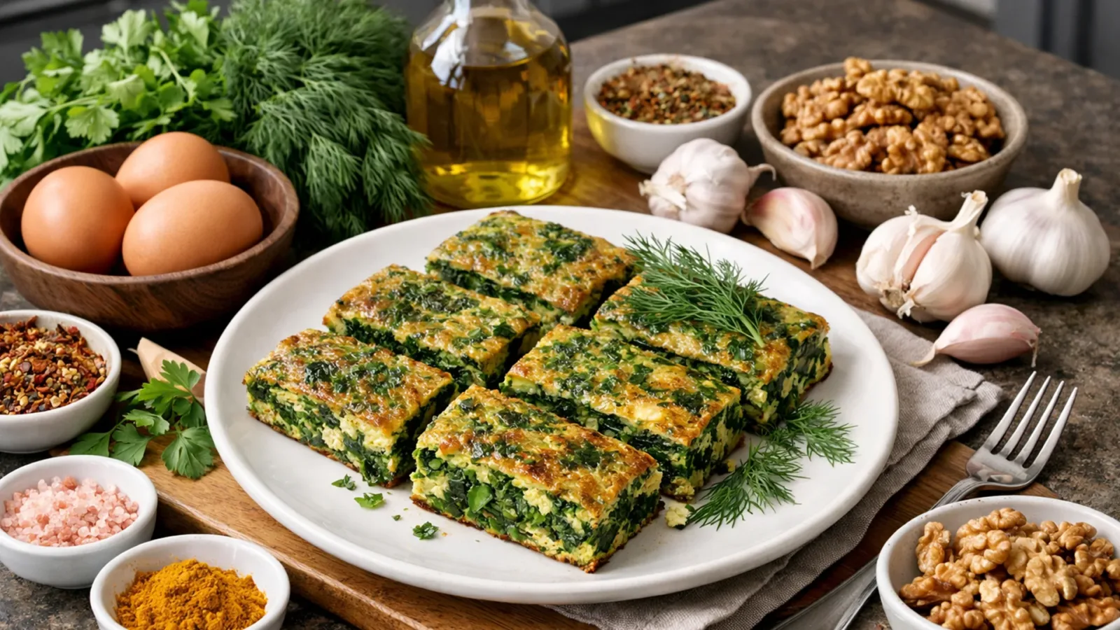 Фото блюда: Пышный куку сабзи с ароматной зеленью, рецепт с фото