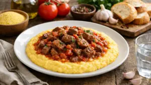 Фото блюда: Кукурузная каша с мясным соусом густая с насыщенным вкусом