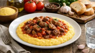 Фото рецепта: Кукурузная каша с мясным соусом густая с насыщенным вкусом