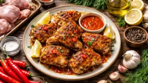 Фото блюда: Курица пери пери с острым соусом и пряной корочкой на сковороде