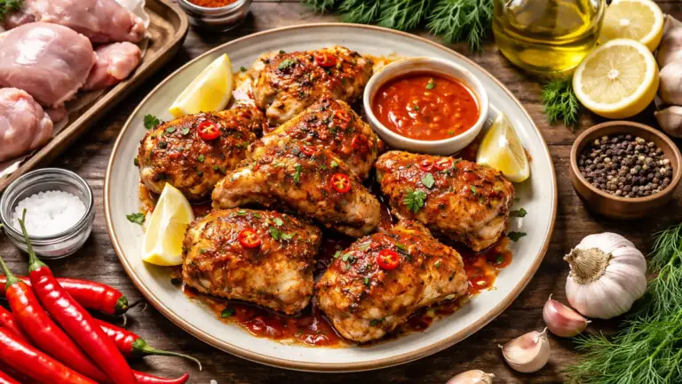 Фото блюда: Курица пери пери с острым соусом и пряной корочкой на сковороде