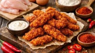 Фото рецепта: Куриные стрипсы острые с перцем чили и паприкой в хрустящей корочке