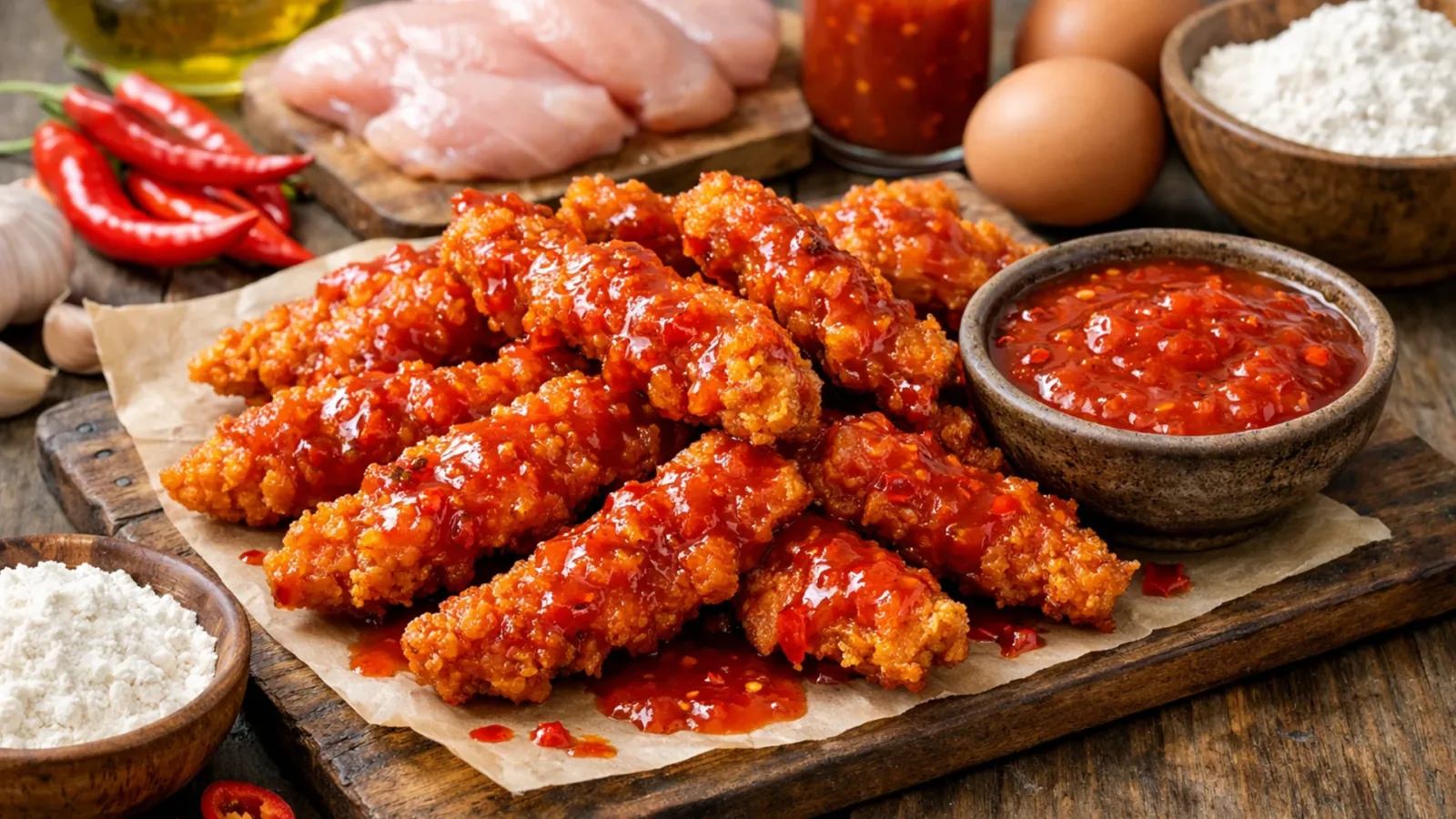 Фото блюда: Куриные стрипсы с острым соусом чили с ярким пряным вкусом, рецепт с фото