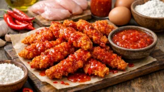 Фото рецепта: Куриные стрипсы с острым соусом чили с ярким пряным вкусом