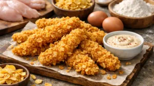 Фото блюда: Куриные стрипсы в кукурузной панировке с хрустящей золотистой корочкой