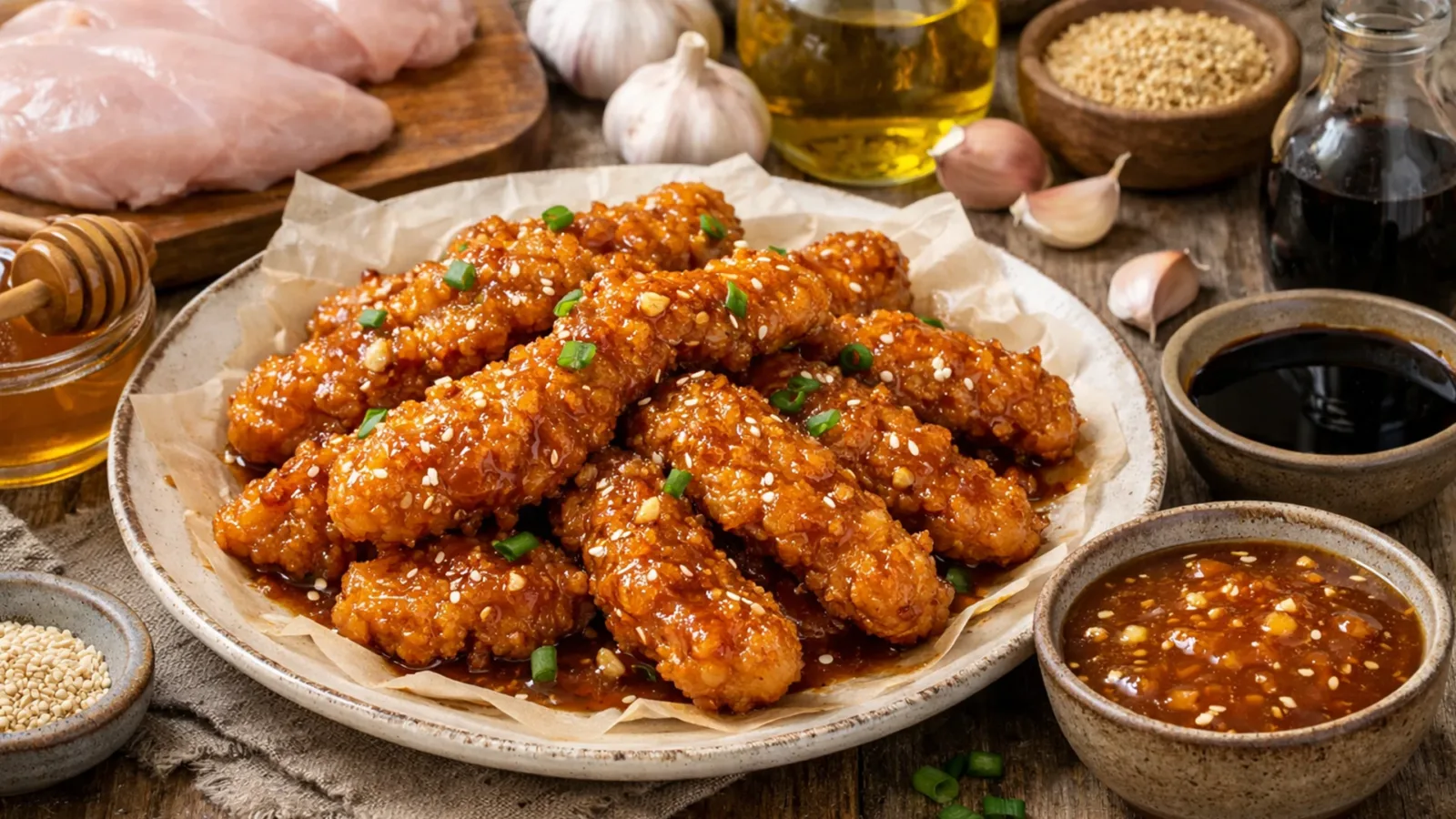 Фото блюда: Куриные стрипсы в медово-чесночном соусе с насыщенным сладко пряным вкусом, рецепт с фото