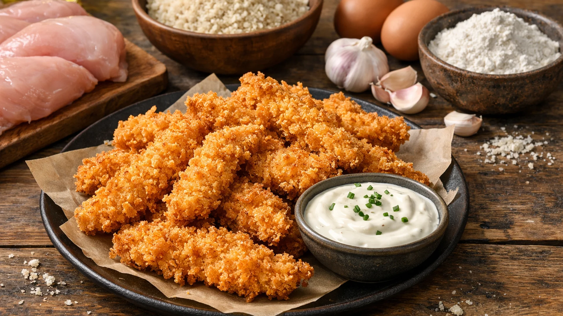 Фото блюда: Куриные стрипсы в хрустящей панировке панко с чесночным соусом на сковороде
