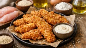 Фото блюда: Куриные стрипсы в панировке с кунжутом и хрустящей корочкой на сковороде