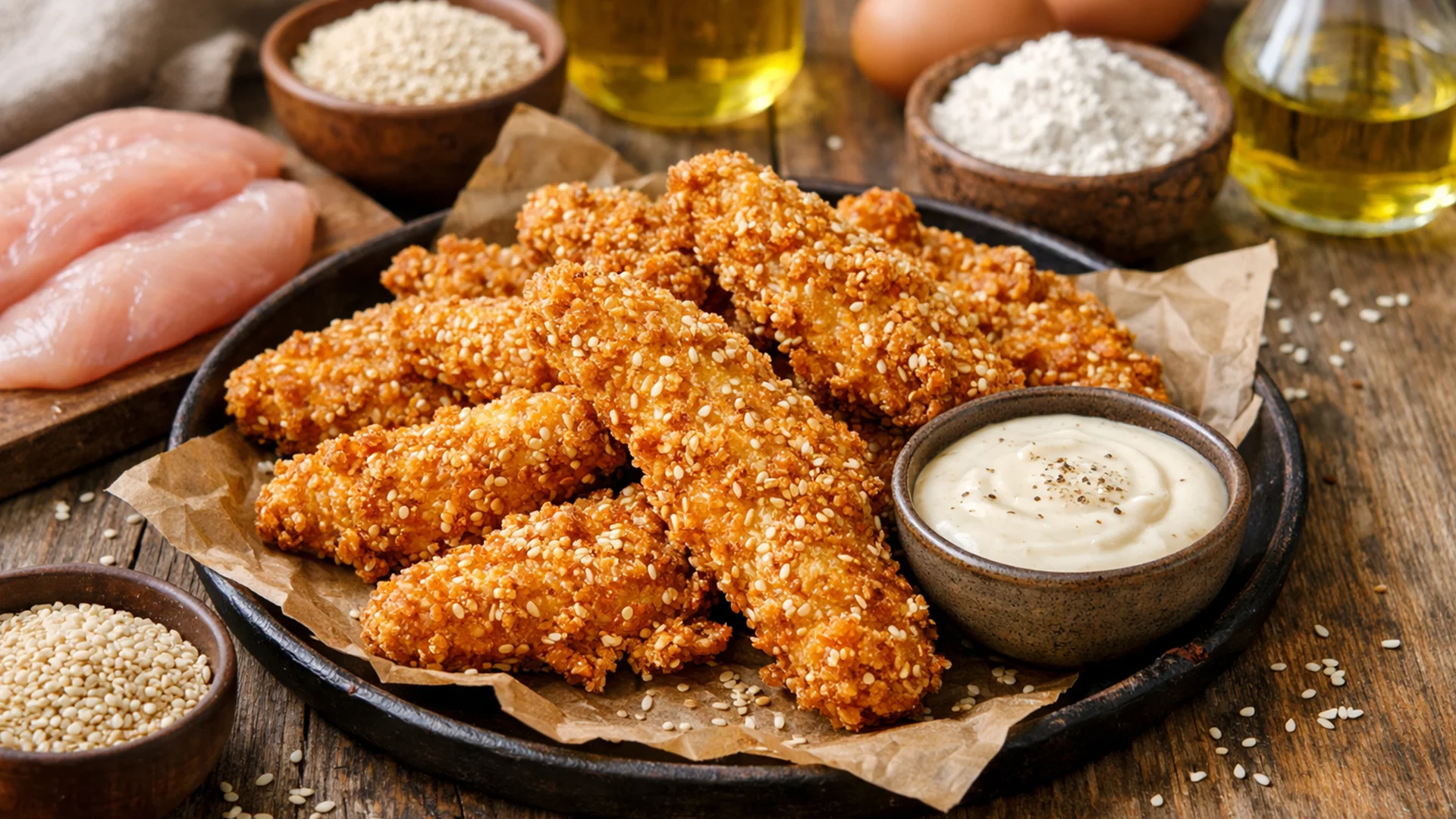 Фото блюда: Куриные стрипсы в панировке с кунжутом и хрустящей корочкой на сковороде