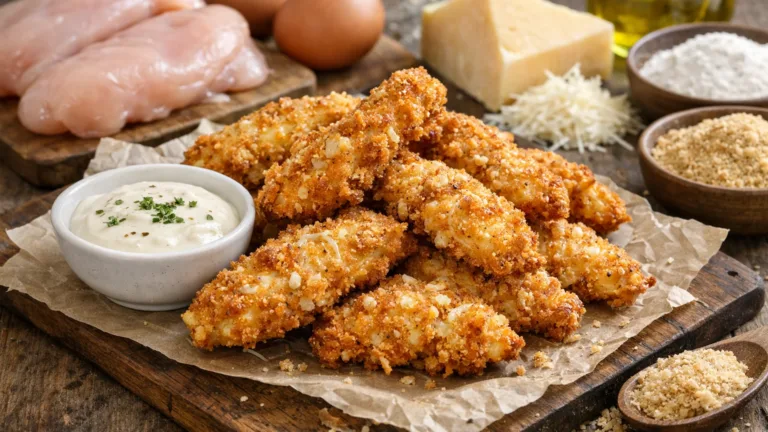 Фото блюда: Куриные стрипсы в панировке с сыром пармезан с насыщенной сырной корочкой